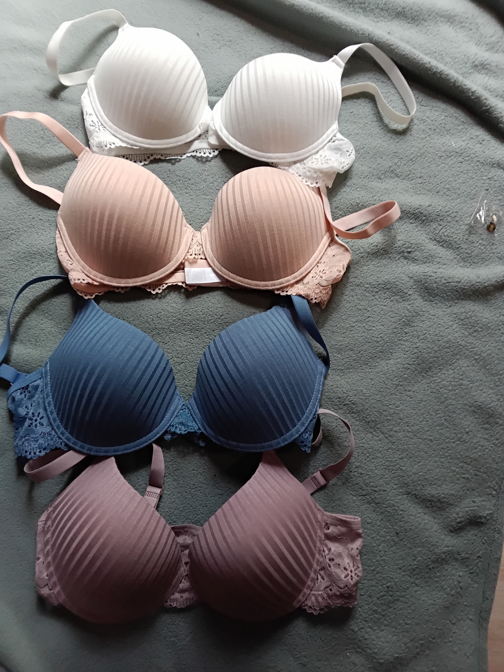 SHEIN Ribbed Lace Trim Padded Bra Set in White, Pink, Blue, Mauve